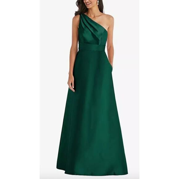 ALFRED SUNG Gown Size 2 NEW Draped One-Shoulder Satin Maxi Pockets Emerald Green - Picture 1 of 8